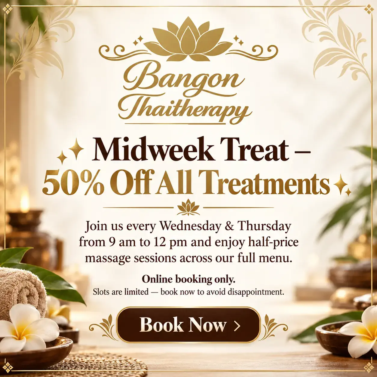 Midweek Treat: 50% off all treatments every Wednesday and Thursday, 9am to 12pm. Online booking only. Click to book now.